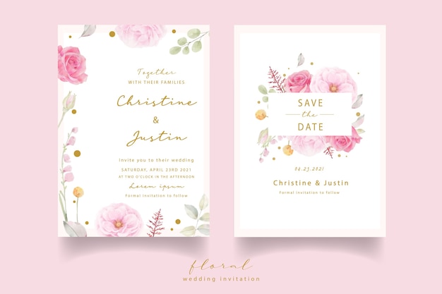 ピンクのバラの水彩結婚式の招待状