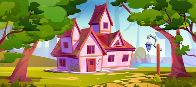 Free vector pink rural house on forest glade near lake