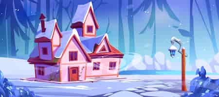Free vector pink rural house on winter forest glade near frozen lake vector cartoon illustration of country cottage building surrounded by snowy spruce trees blue river old lantern game background