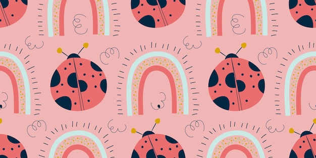 무당벌레와 무지개 핑크 스칸디나비아 패턴입니다. 봄에 대 한 무당벌레와 완벽 한 패턴입니다. 어린이 디자인을 위한 boho 스칸디나비아 봄. 귀여운 플랫 모던 심플한 디자인.