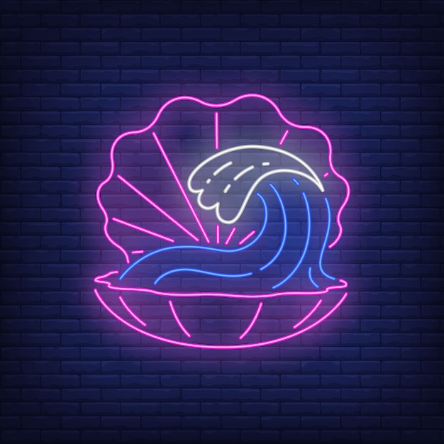 Free vector pink shell neon sign. open seashell with ocean wave inside on brick wall