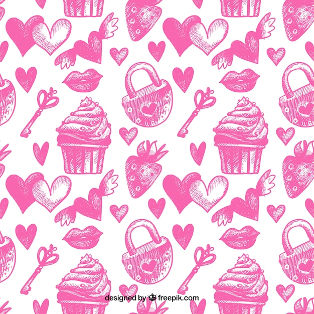 Free vector pink sketches pattern of valentine elements