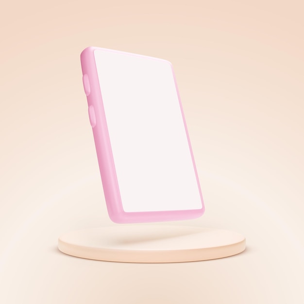 Pink smartphone on platform. 3d mobile phone template with empty screen. pink studio background. vector illustration