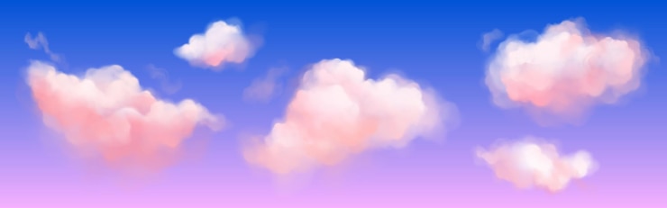 Free Vector pink soft fluffy clouds on violetblue gradient sky realistic vector illustration set of magic and dream pastel cumulus looks like candy cotton abstract smoke or fog cute fantasy fairy shapes