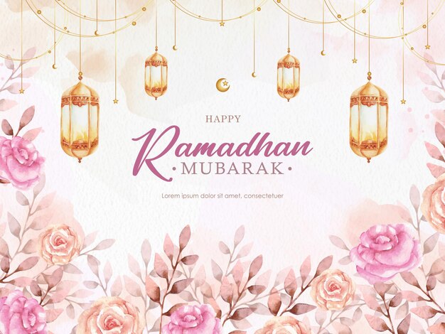 Pink splash and florals on ramadhan mubarak greeting card background element