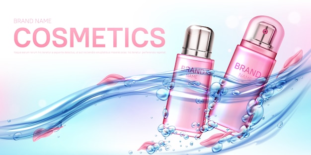 Free vector pink spray bottle female perfume in water flow banner