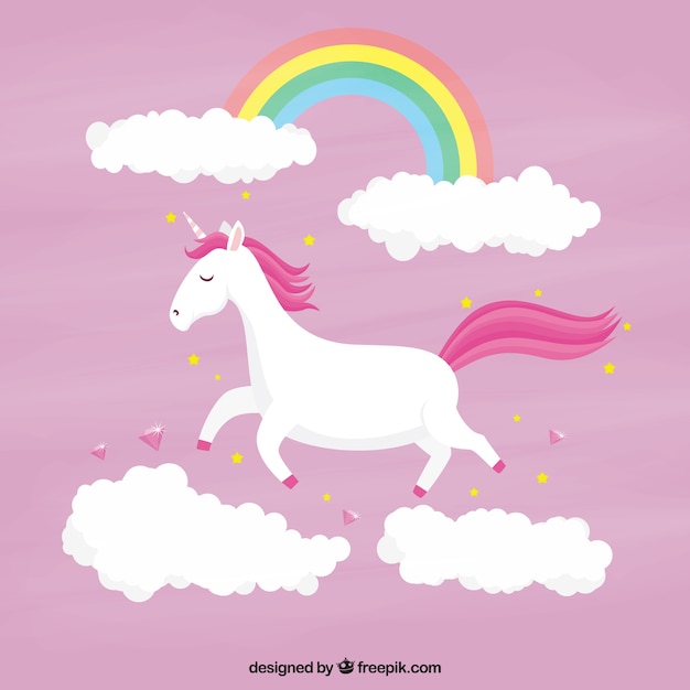 Free vector pink unicorn background with clouds and rainbow