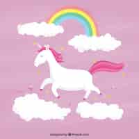 Free vector pink unicorn background with clouds and rainbow