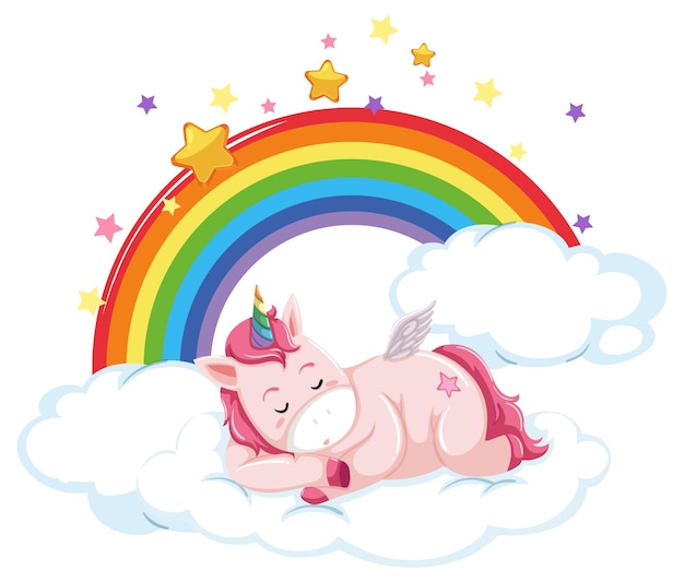 漫画のスタイルで虹と雲の上に横たわっているピンクのユニコーン