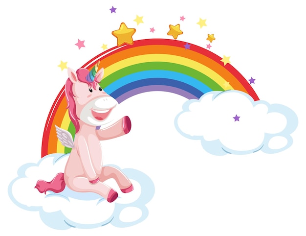 Free vector pink unicorn sitting on a cloud with rainbow