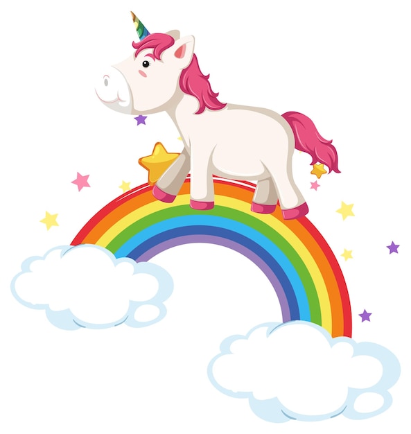 Pink unicorn walking on rainbow in cartoon style