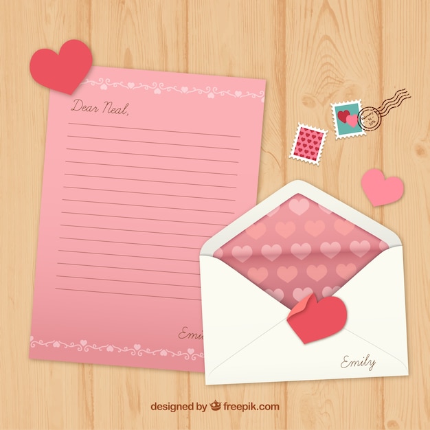 Vettore gratuito lettera san valentino rosa con francobolli