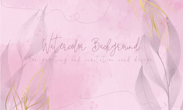 Free vector pink watercolor background with golden foil leaves for greeting and invitation card design.