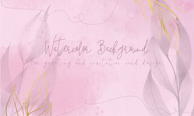 Pink watercolor background with golden foil leaves for greeting and invitation card design.