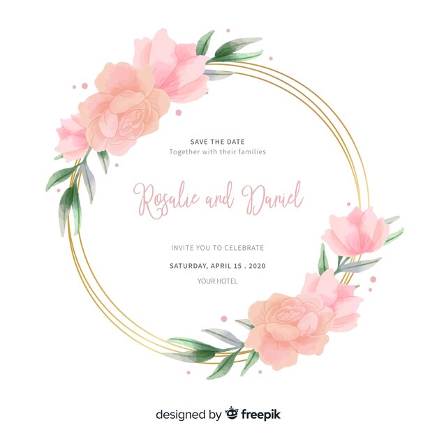 Pink watercolor floral frame on wedding invitation