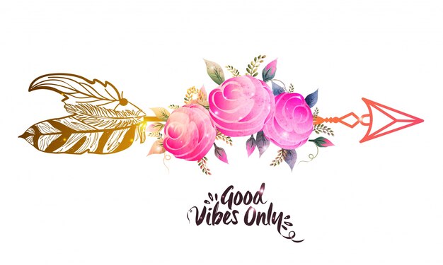  Pink watercolor flowers with ethnic arrow. Creative Boho style illustration. 