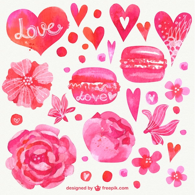 Pink watercolor hearts and flowers