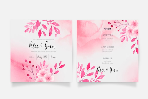 Pink watercolor wedding invitation and menu template