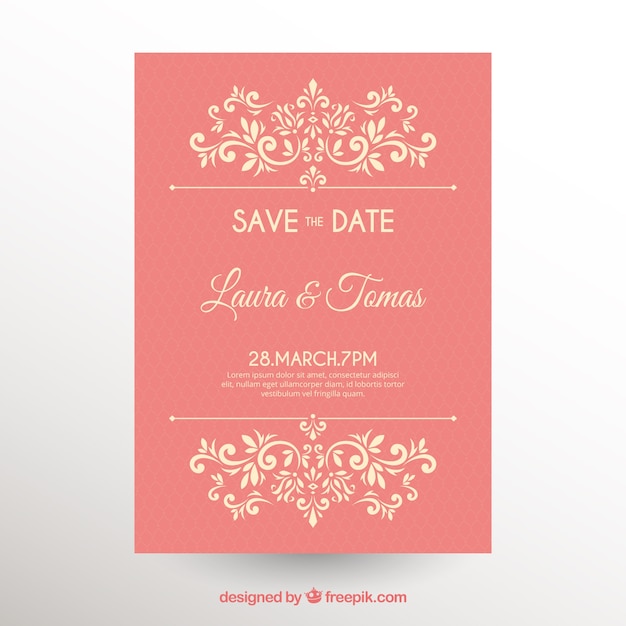 Розовое свадебное приглашение в плоском дизайне