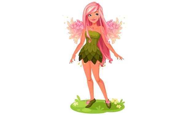 Pink wings fairy standing vector fantasy illustration