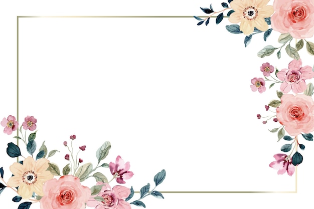 Free vector pink yellow floral frame with watercolor