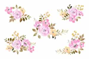 Free vector pink yellow floral watercolor bouquet collection