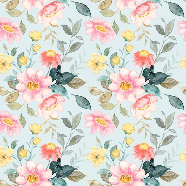 Pink yellow floral watercolor seamless pattern