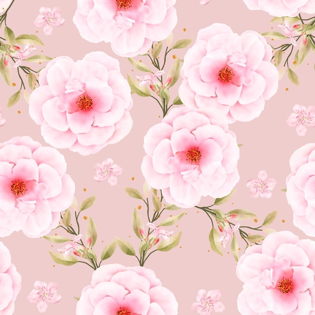 Free vector pink and yellow watercolor floral and leaves seamless pattern