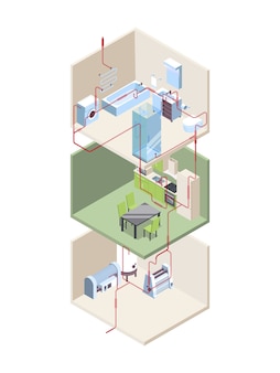 Pipes installation. house crossection with hot and cold water pipes modern systems vector isometric. pipeline cross section, construction installation illustration