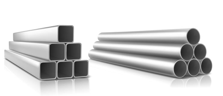 Free Vector pipes stack, square and round straight steel metal or pvc plumbing pipelines.