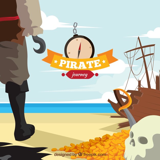Pirate on the beach surrounded by treasures background 