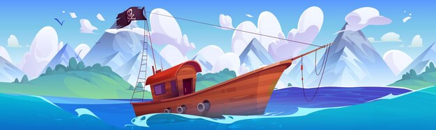 Free vector pirate boat sailing in sea near mountain island vector cartoon illustration of wooden yacht with black jolly roger flag and cannons floating on water against scenic landscape birds flying in sky