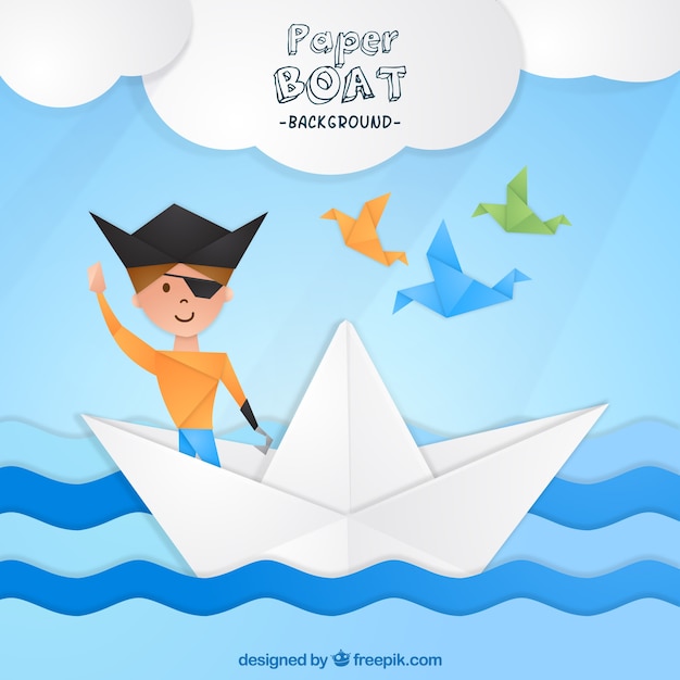 Пиратский мальчик фон на бумажной лодке