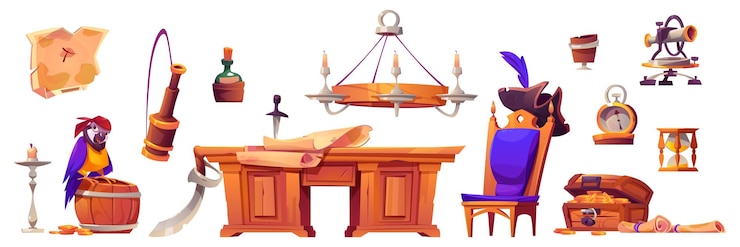 Free Vector pirate cabin interior stuff isolated vector set