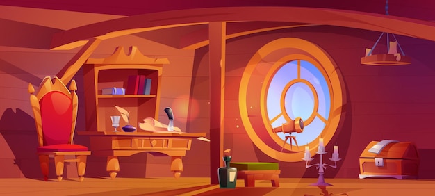 Бесплатное векторное изображение Пиратский капитан корабля каюта деревянная комната интерьер