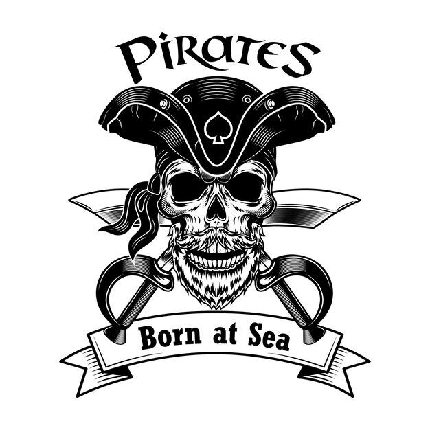 Pirate captain vector illustration. Skull in vintage pirate hat with crossed sabers and born at sea text.