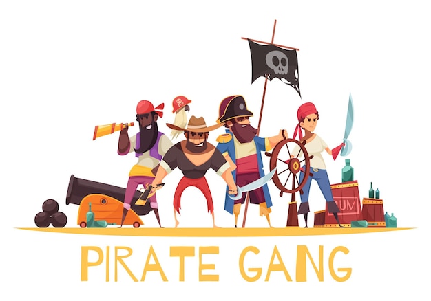 Pirate  composition with cartoon style human characters of pirates with munitions and weapons with text