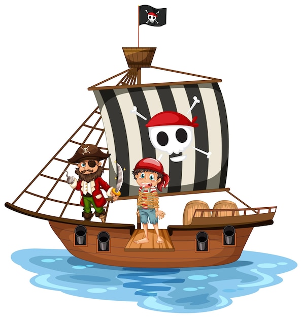 Пиратская концепция с персонажем мультфильма мальчика, идущим по доске на изолированном корабле