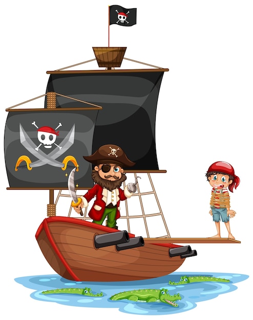 Free vector pirate concept with a boy cartoon character walking the plank on the ship isolated