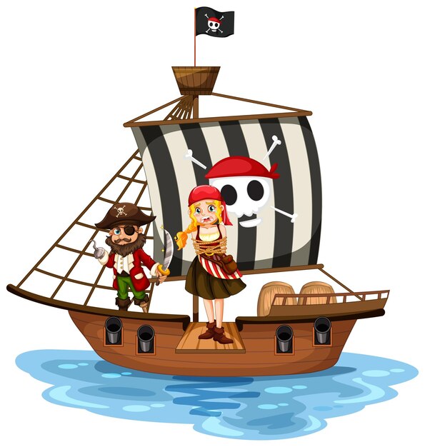 隔離された船で板を歩く女の子の漫画のキャラクターと海賊の概念