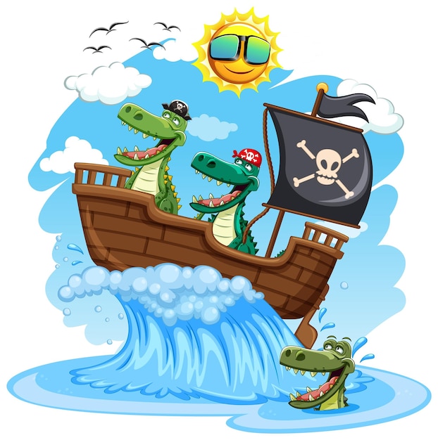 Vettore gratuito coccodrilli pirati che navigano in alto mare