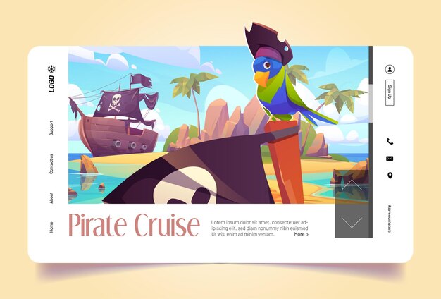 Pirate cruise banner with parrot in hat and corsair ship in sea