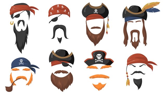 Pirate face masks for carnival flat item set. Cartoon sea pirates hats, journey bandana, beard and smoke pipe isolated vector illustration collection. party accessories and head costume concept