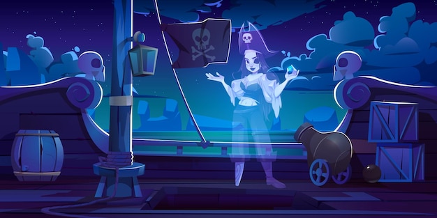 필리버스터 선박에 있는 해적 소녀 유령, 해적 의상을 입은 젊은 죽은 여성과 다리 의족은 유쾌한 로저 깃발과 대포가 있는 보트 갑판에 보석 돌 스탠드를 들고 있습니다. 만화 벡터 일러스트레이션