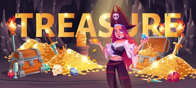 Pirate girl in treasure cave cartoon banner