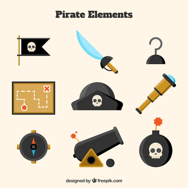 Free vector pirate hat with other elements in flat design