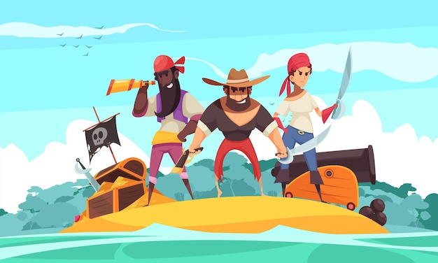Бесплатное векторное изображение Пиратский горизонт с видом на остров и драгоценностями мультфильма и сокровищами с людьми