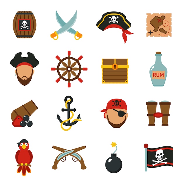 Vettore gratuito icone del pirata impostate piatte