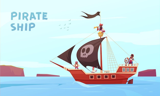 Pirate outdoor composition with cartoon style  picaroon sea rover at sea with editable text