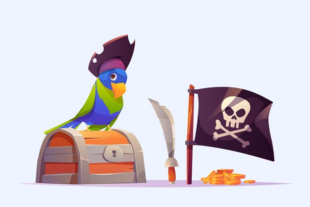 Pirate parrot, treasure chest, sword, black flag